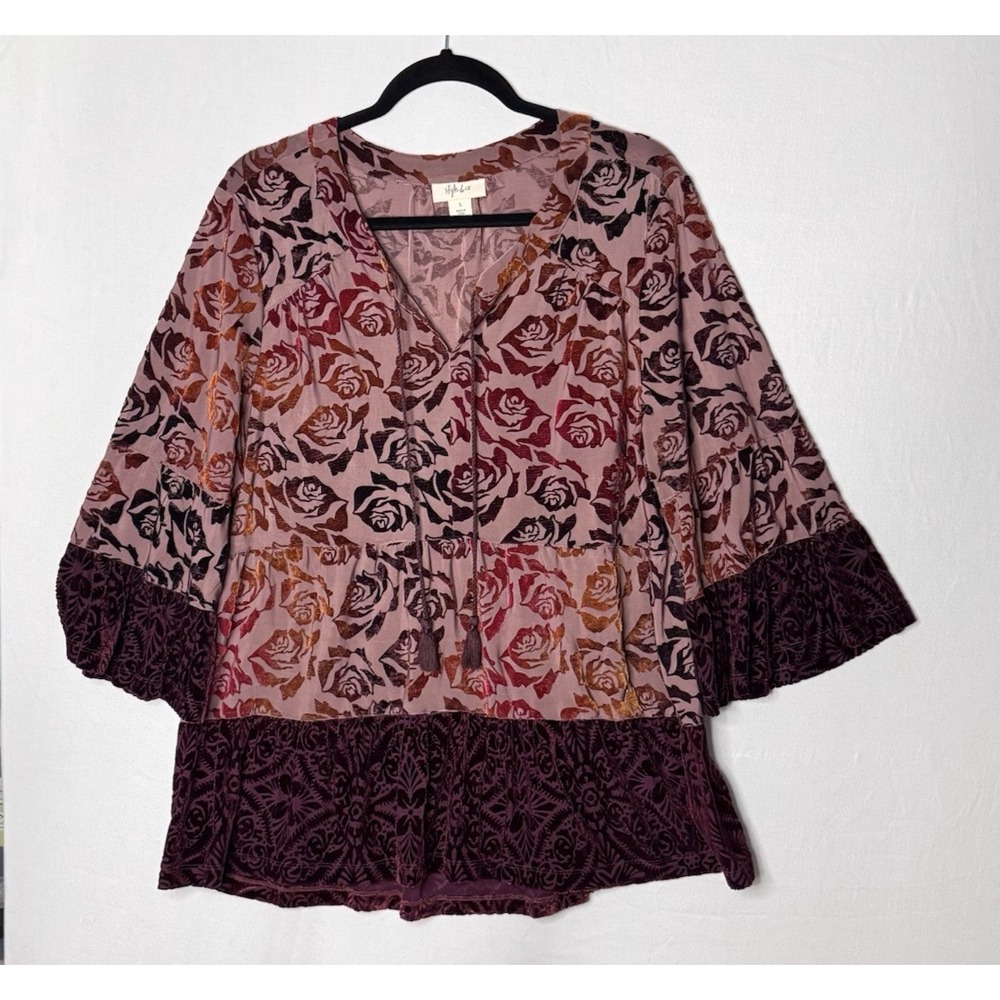 Style Co Velvet Burnout Tunic Sz L Floral Tassel Tiered Boho Gypsy Whimsygoth
